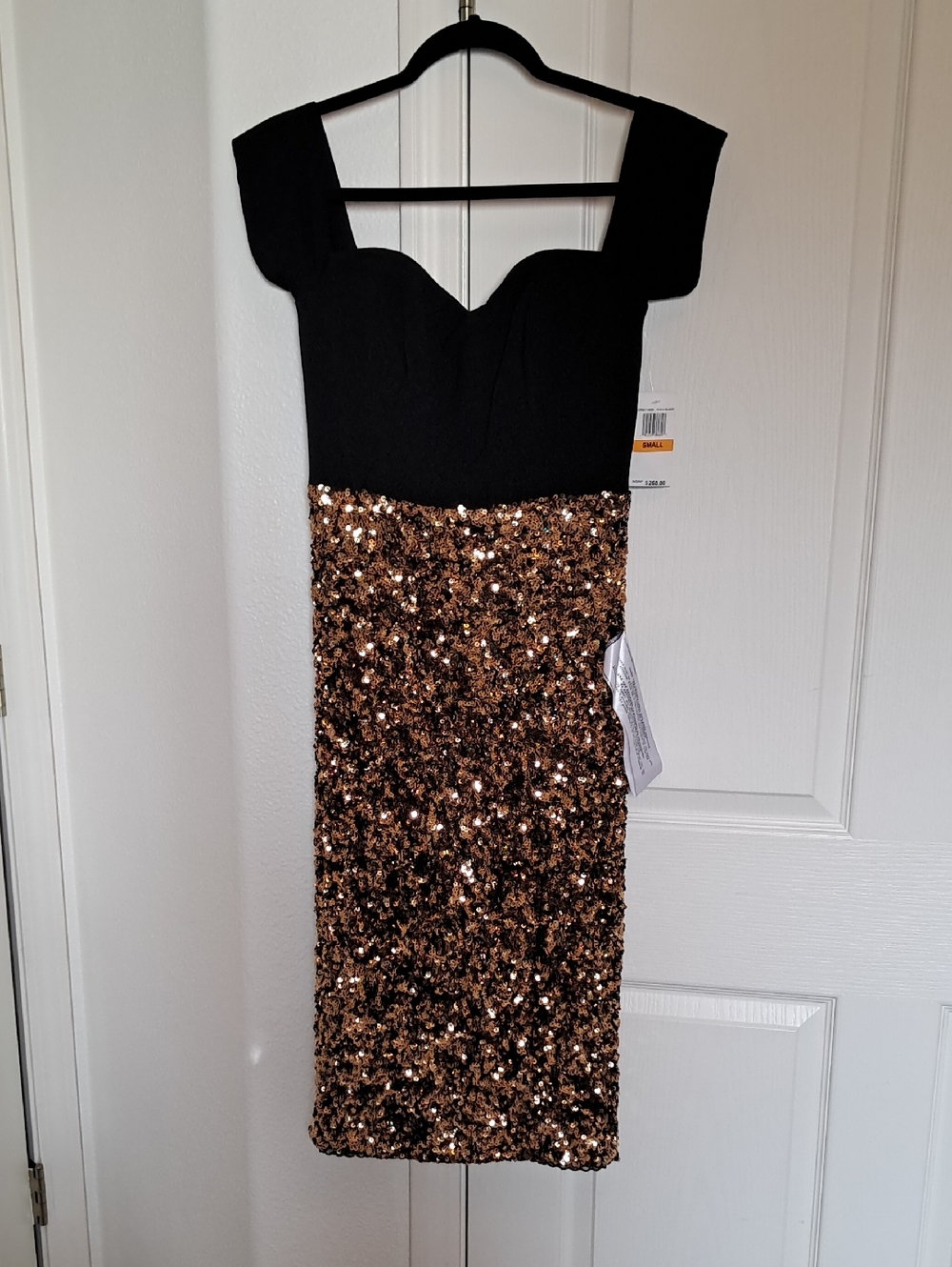Dress The Population Off The Shoulder Black & Gold Sequin Midi Dress